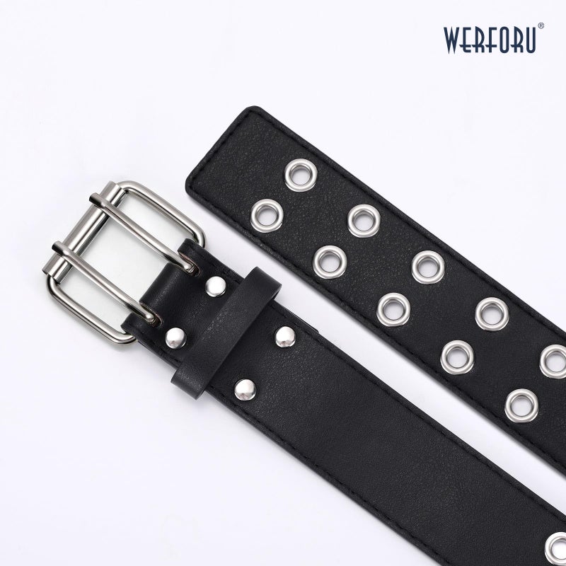 WERFORU Double Grommet Belt PU Leather Punk Belt for Women Men Black Studded Belts 1.5 Wide - Image 3